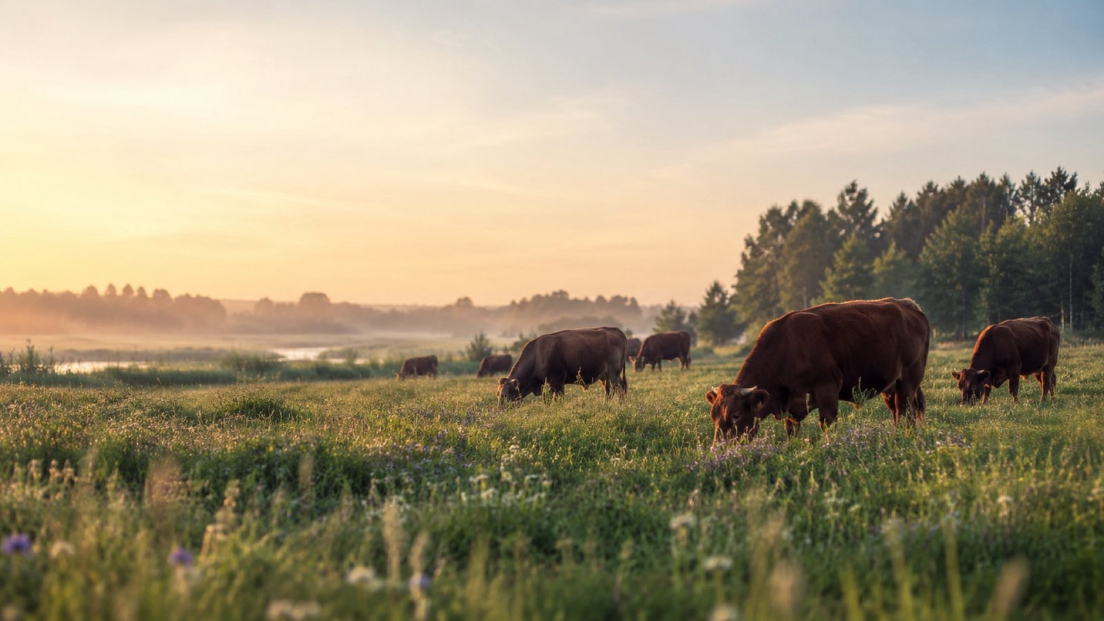 Cattle grazing biologically valuable Latvian meadows at golden hour